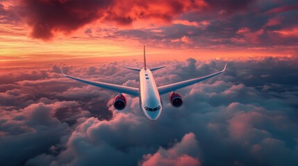 Evening flight of a passenger airplane on a background of beautiful sky