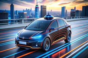 Autonomous City Driving: A futuristic electric car glides through a cityscape at sunset, showcasing the seamless integration of technology and urban mobility.  The sleek design and vibrant lights evok