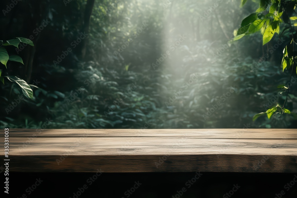 Poster a serene wooden table in a lush forest, illuminated by soft rays of sunlight filtering through dense