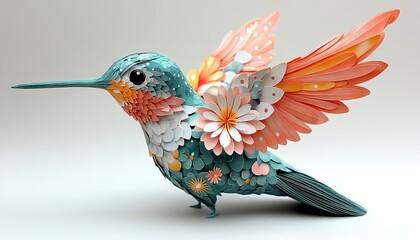 Obraz premium 3D paper model of a hummingbird with pastel teal p 00105 bird, hummingbird, animal, vector, nature, flying, illustration, flower, beak, tropical, wing, cartoon, feather, art, parrot, wildlife, colibri
