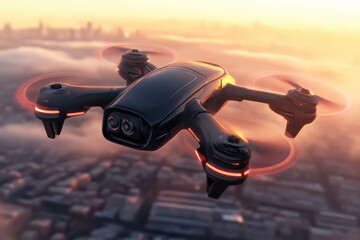 A sleek black drone flying over a city during a stunning sunset, showcasing advanced technology and aerial views.