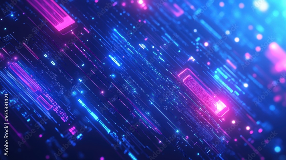Poster a vibrant digital landscape with glowing lines and shapes, representing technology and data flow.