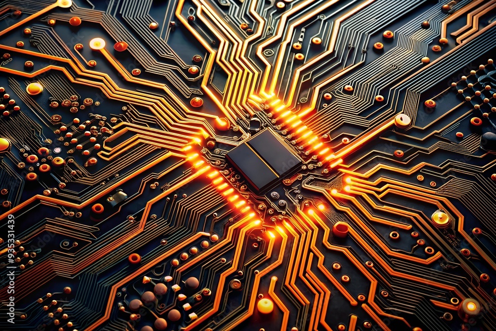 Poster illuminated core: a close-up view of a motherboard, its intricate circuitry glowing with power and p