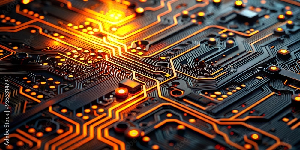 Poster illuminated core: a close-up view of a motherboard, its intricate circuitry glowing with power and p