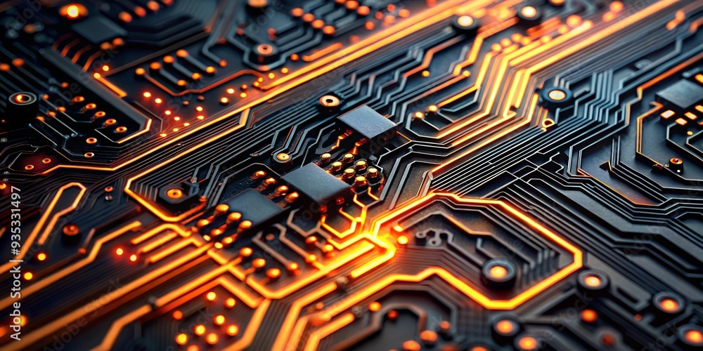 Poster illuminated core: a close-up view of a motherboard, its intricate circuitry glowing with power and p