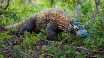 Fototapeta premium A Komodo dragon stealthily navigates through lush greenery, showcasing its distinctive scales and powerful presence in nature.