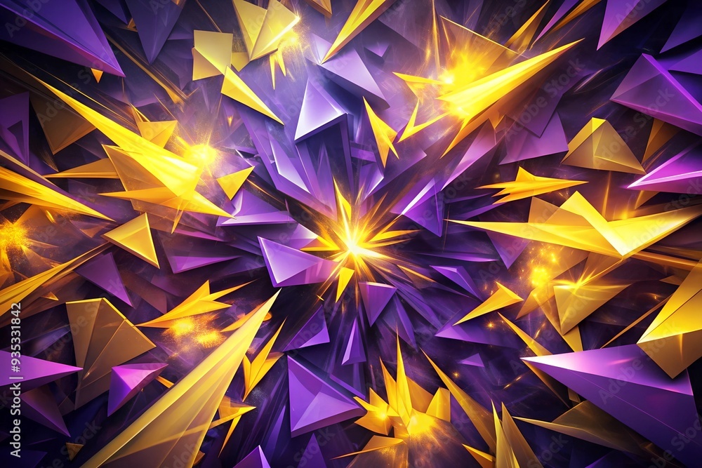 Poster golden spikes: abstract explosion of purple and gold triangular shapes, creating a dynamic and vibra