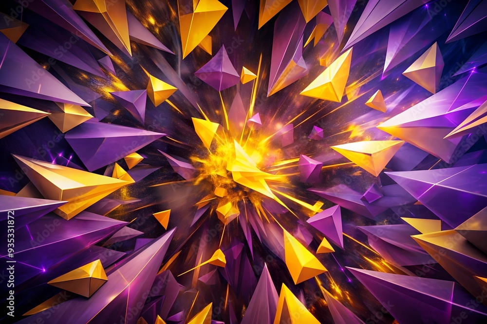 Poster golden spikes: abstract explosion of purple and gold triangular shapes, creating a dynamic and vibra