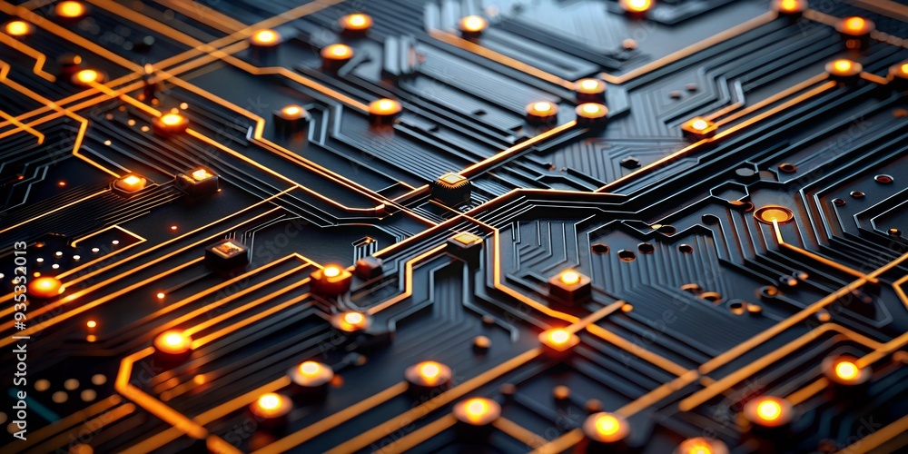 Poster circuitry symphony: a close-up shot of a complex circuit board, its intricate copper tracks and glow