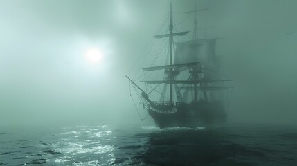 Obraz premium Ghostly Ship Sailing Through Eerie Fog Shrouded Sea
