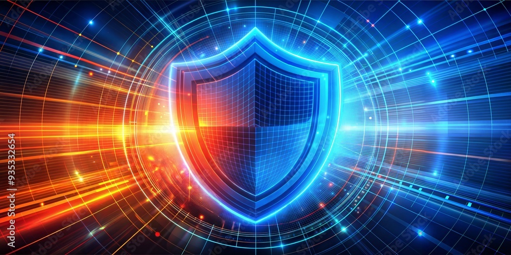 Poster cyber shield: a futuristic shield glows against a digital backdrop, representing cybersecurity and d