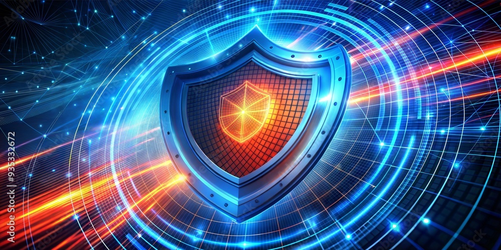 Poster cyber shield: a futuristic shield glows against a digital backdrop, representing cybersecurity and d