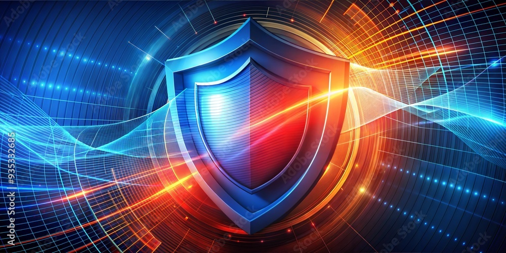 Poster cyber shield: a futuristic shield glows against a digital backdrop, representing cybersecurity and d