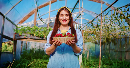 Portrait of beautiful Caucasian female holding basket full of freshly picked strawberries smiles. On the background is greenhouse with different plants.