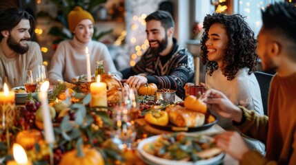 A diverse group of friends sits around a beautifully set table, sharing a festive meal filled with delicious food amid a warm and inviting atmosphere