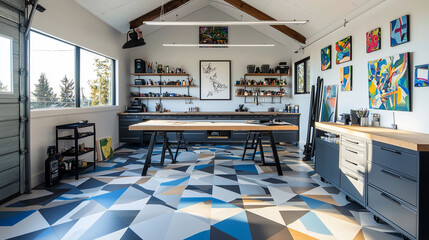 Art Studio with Modern Geometric Flooring A sleek