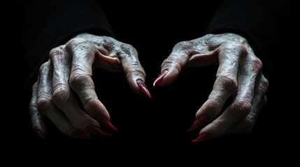 Bony pale hands of sexy woman vampire with sharp bloody red nails in the black background,Scary white pale finger,Halloween Witch fingers,selected focus,Zombie hand,horror and scary concept.