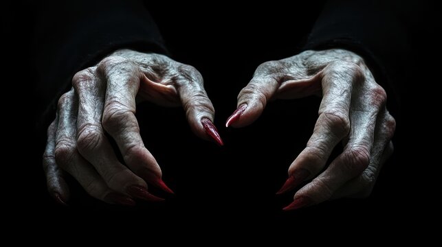 Bony pale hands of sexy woman vampire with sharp bloody red nails in the black background,Scary white pale finger,Halloween Witch fingers,selected focus,Zombie hand,horror and scary concept.