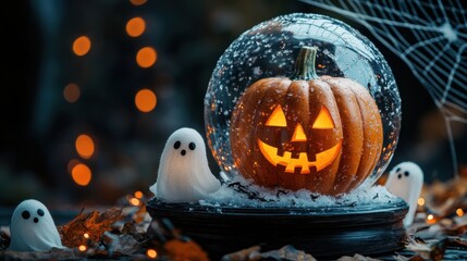 Empty Halloween glass snow with pumpkins decor, spider web-covered podium, white ghosts,glowing garland,october season,scary and spooky,horror night,trick or treat,halloween banner party.