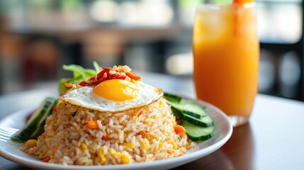 A plate of fried rice with a fried egg on top, a side of cucumber, and a glass of orange juice in the background.