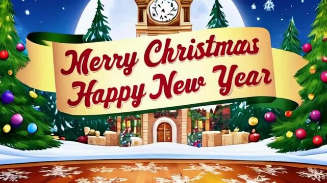 Merry Christmas and Happy New Year Greeting with  Snow and Clock Tower
