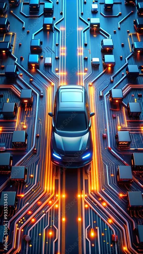 Poster autonomous future: a futuristic concept car navigates a glowing circuit board, symbolizing the conve