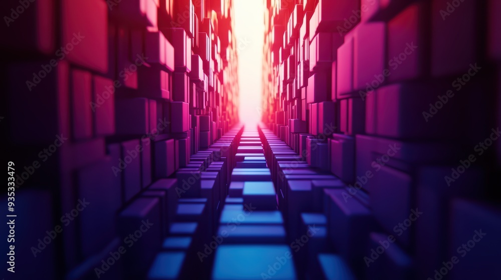 Poster a surreal perspective of a vibrant path illuminated by glowing lights, surrounded by geometric block