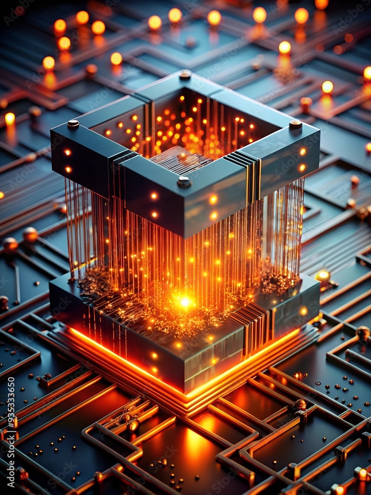 Poster the heart of innovation: a futuristic, abstract representation of a powerful processor, glowing with
