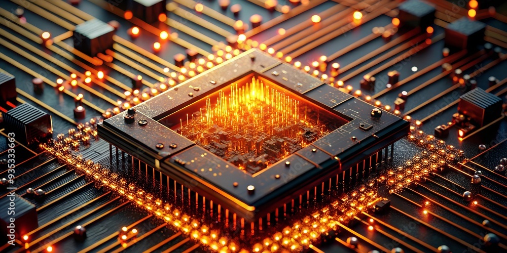 Poster the heart of innovation: a futuristic, abstract representation of a powerful processor, glowing with