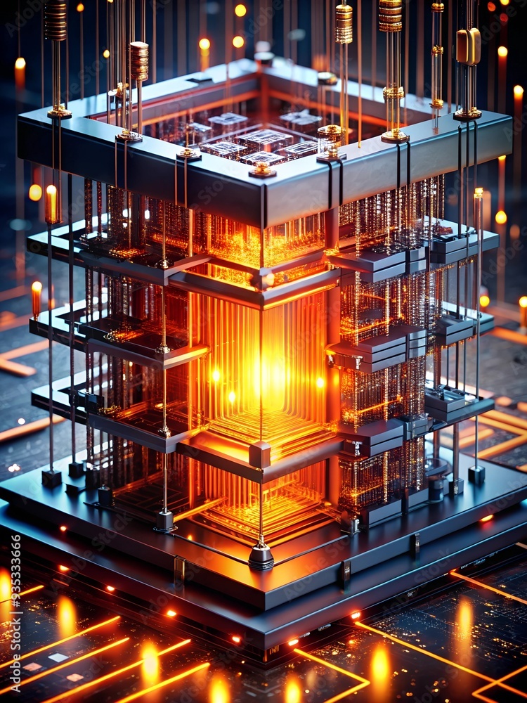 Poster the heart of innovation: a futuristic, abstract representation of a powerful processor, glowing with