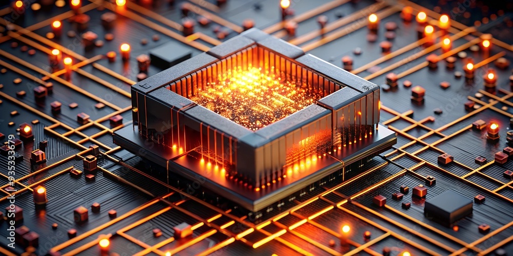 Poster the heart of innovation: a futuristic, abstract representation of a powerful processor, glowing with