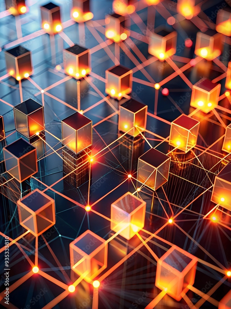 Poster interconnected network: glowing cubes connected by intricate network of lines, symbolizing interconn