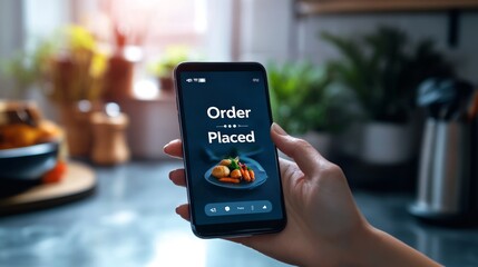 Digital illustration of a person holding a phone with text "Order Placed" on a food delivery app screen. Background includes kitchen setting.