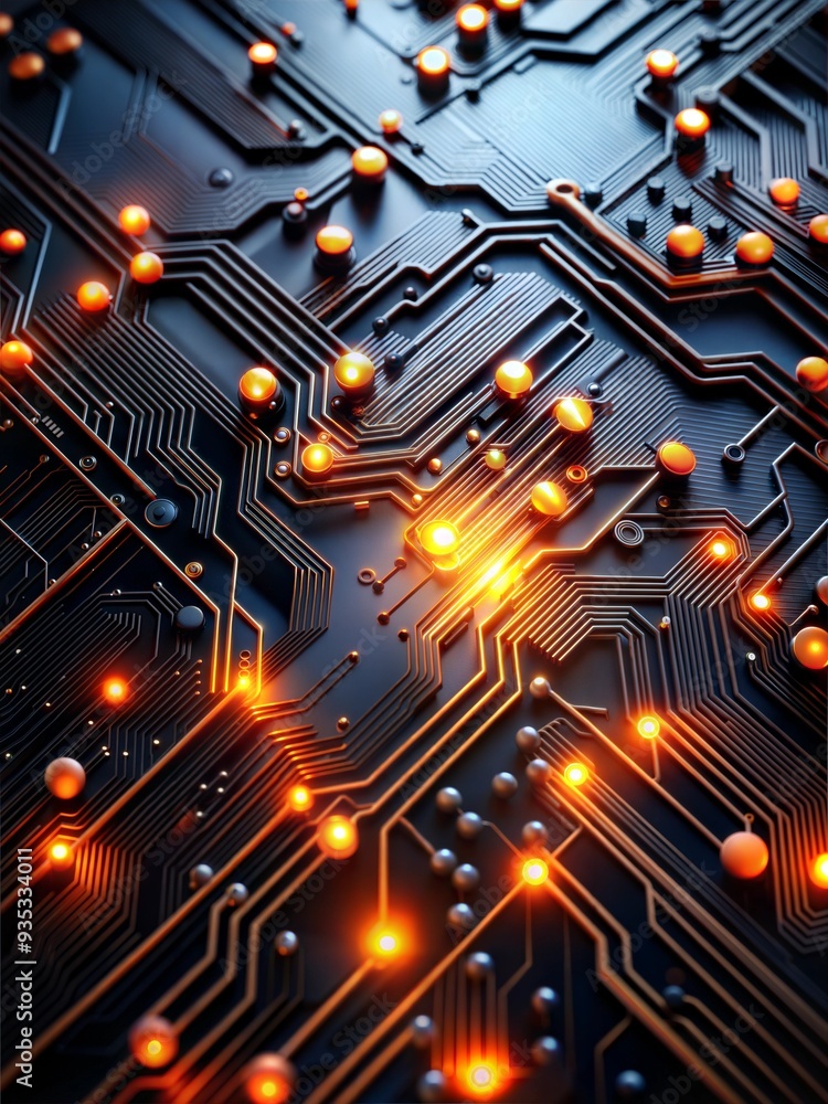 Poster Glowing Circuitry:  A mesmerizing abstract image of a central processor unit surrounded by glowing orange lights, set against a backdrop of intricate grey circuit board patterns. 