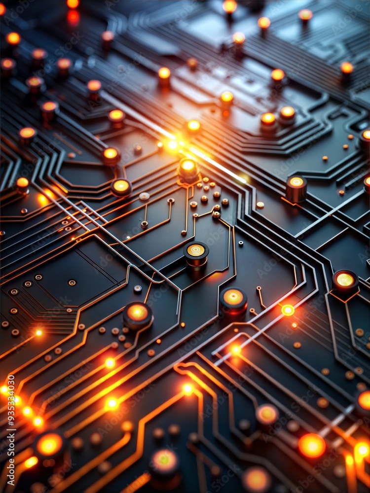 Poster Glowing Circuitry:  A mesmerizing abstract image of a central processor unit surrounded by glowing orange lights, set against a backdrop of intricate grey circuit board patterns. 