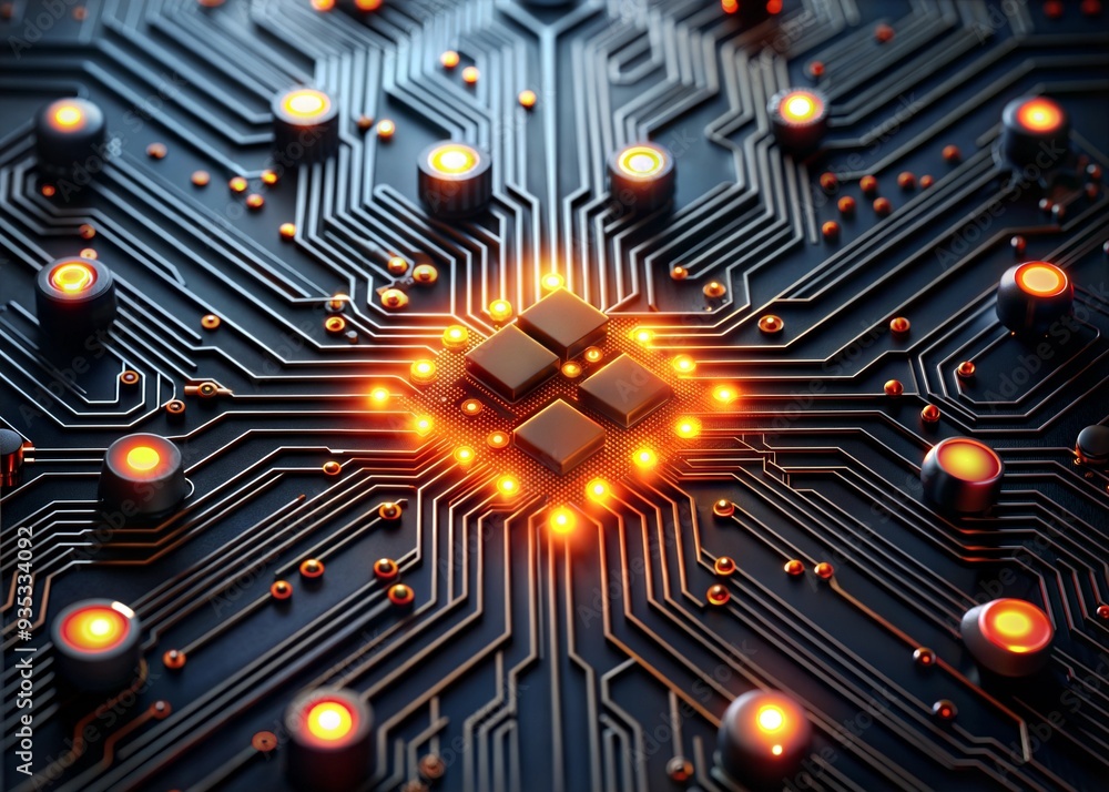 Poster glowing circuitry: a mesmerizing abstract image of a central processor unit surrounded by glowing or