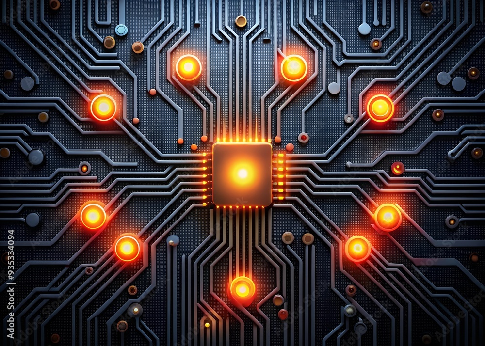 Poster glowing circuitry: a mesmerizing abstract image of a central processor unit surrounded by glowing or