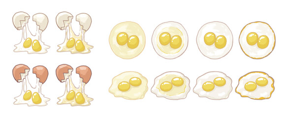 Illustration of double yolk eggs and poached eggs of different degrees of doneness