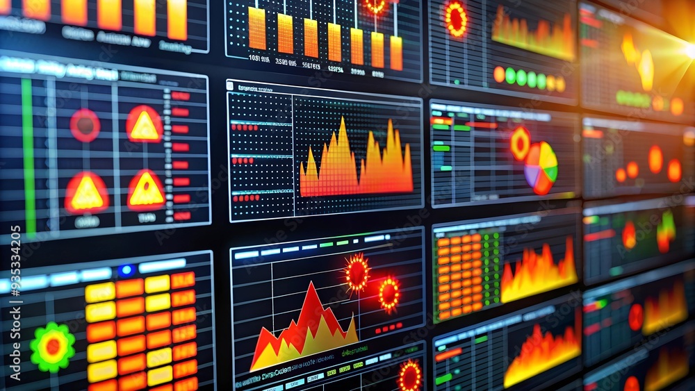 Poster cybernetic data wall: a mesmerizing wall of monitors displaying intricate data graphs and cryptocurr