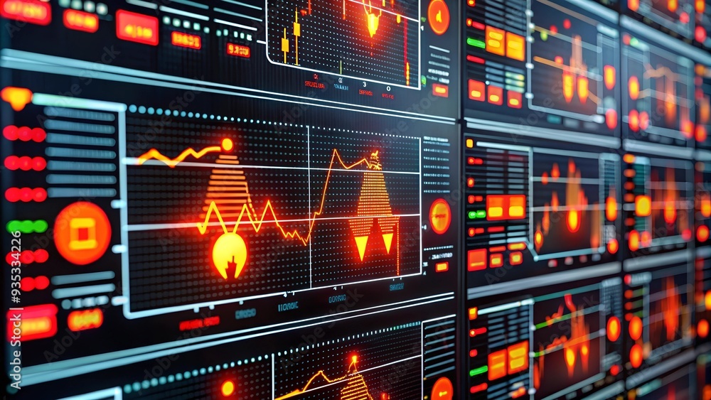 Poster cybernetic data wall: a mesmerizing wall of monitors displaying intricate data graphs and cryptocurr