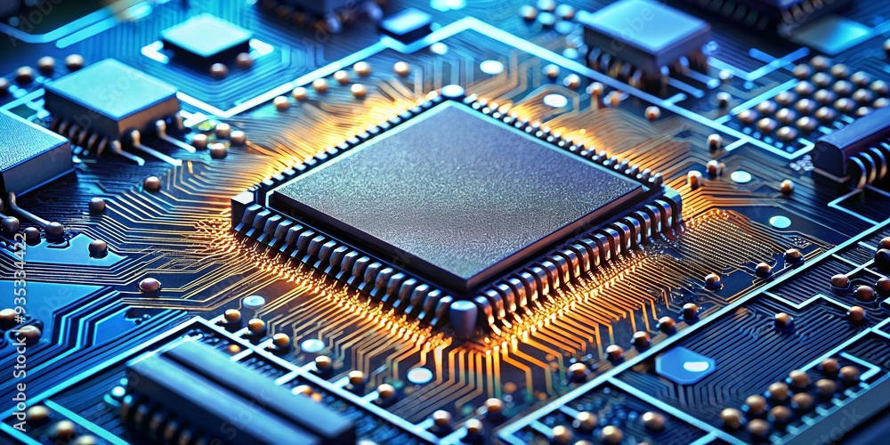 Poster the heart of innovation: close-up of a gleaming microprocessor, its golden pins radiating light, sym