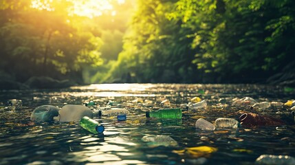 A river filled with plastic bottles and other debris, illuminated by the warm light of the sun, emphasizing the environmental impact of pollution.
