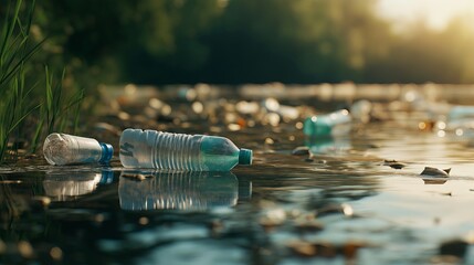 Multiple plastic bottles and debris floating in a polluted river, highlighting the issue of water contamination and environmental pollution.
