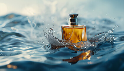 Luxury perfume surrounded by water waves
