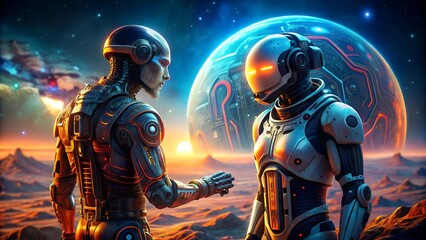 Fototapeta premium Cosmic Encounter: Two futuristic astronauts meet on a distant planet, their suits shimmering with light, a vibrant alien world behind them. A sense of wonder, discovery, and the unknown permeates this