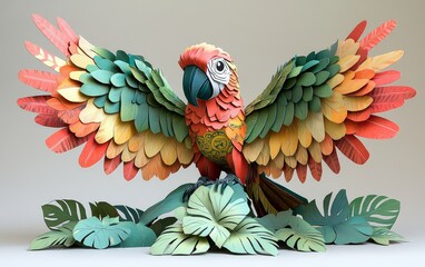 Fototapeta premium 3D paper model of a parrot with pastel red green a 0067 bird, parrot, macaw, animal, red, tropical, beak, colorful, nature, green, feather, blue, ara, zoo, feathers, wild, yellow, wildlife, parrots, e