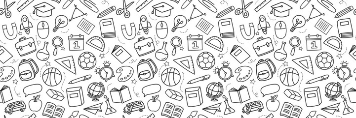 Back to school seamless pattern doodle style background. Education hand drawn objects and symbols with thin line. © kaisorn