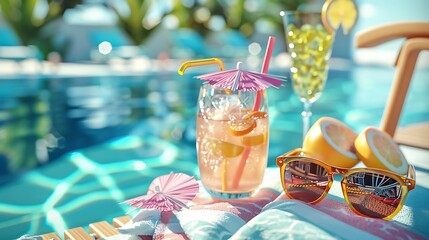 A detailed view of a summer poolside scene with tropical drinks, sunglasses, and a beach towel on a lounge chair.