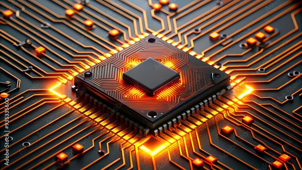 Poster the heart of innovation: a close-up shot of a glowing cpu on a circuit board, symbolizing the power 