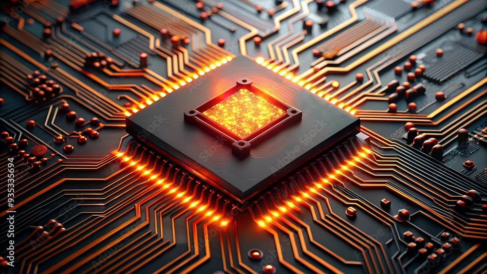 Poster the heart of innovation: a close-up shot of a glowing cpu on a circuit board, symbolizing the power 